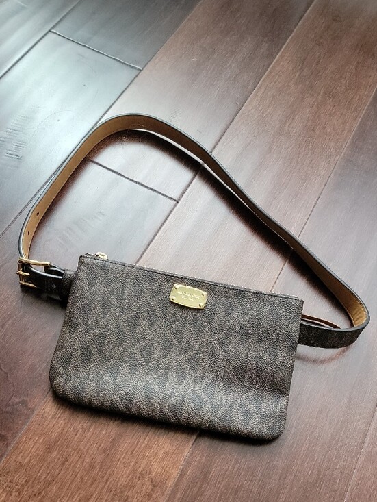 Michael Kors Dark Brown MK Monogram Belt Pouch with Gold Plate